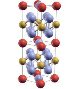 A molecular model of the material studied by Rutgers physicists. In this representation of the crystal structure of CeIrIn5 the red gold and gray spheres correspond to cerium iridium and indium. Credit: Rutgers University