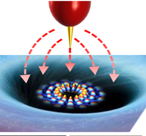 Schematic
                                  images showing the effect of STM tip
                                  and back gate voltage on the size and
                                  depth of the potential wells.