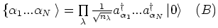 $
\{ \alpha _1 ...\alpha _N \left. {} \right\rangle = \prod\limits_\lambda {\fr...
...a _1 }^\dag ...a_{\alpha _N }^\dag\left\vert 0 \right\rangle      (B) \\
$