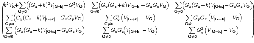 $\displaystyle \left( \!\!\!\! \begin{array}{ccc}
k^2 V_{{\bf k}} \!\! + \!\! {\...
...bf G}+ {\bf k}\right \vert } - V_{{\bf G}} \right)
\end{array} \!\!\!\! \right)$