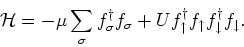 \begin{displaymath}
{\mathcal H}= -\mu \sum_{\sigma } f^{\dagger}_{\sigma}f_{\si...
...row } f_{\uparrow } f^{\dagger}_{\downarrow } f_{\downarrow }.
\end{displaymath}